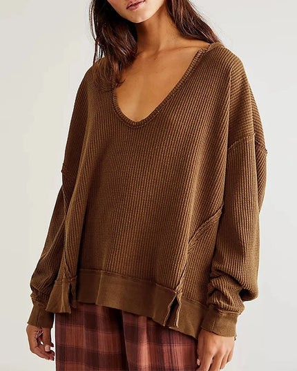 Chic Elegant Knitted Women Sweatshirts Cotton Waffle Sexy V-Neck Open Side Female Hooded Pullovers Streetwear Oversized Hoodies