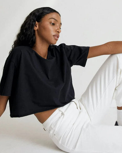 Vintage 100% Cotton Oversized T Shirt For Women Casual Solid Short Sleeve Tees Black Streetwear Top Sexy Cropped Tops