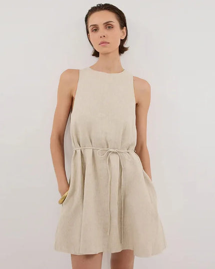 100% Linen Lace-up Elegant Women's Short Dresses New Summer Sleeveless Loose Beach Vacation A-line Mini Dress Boho Dresses