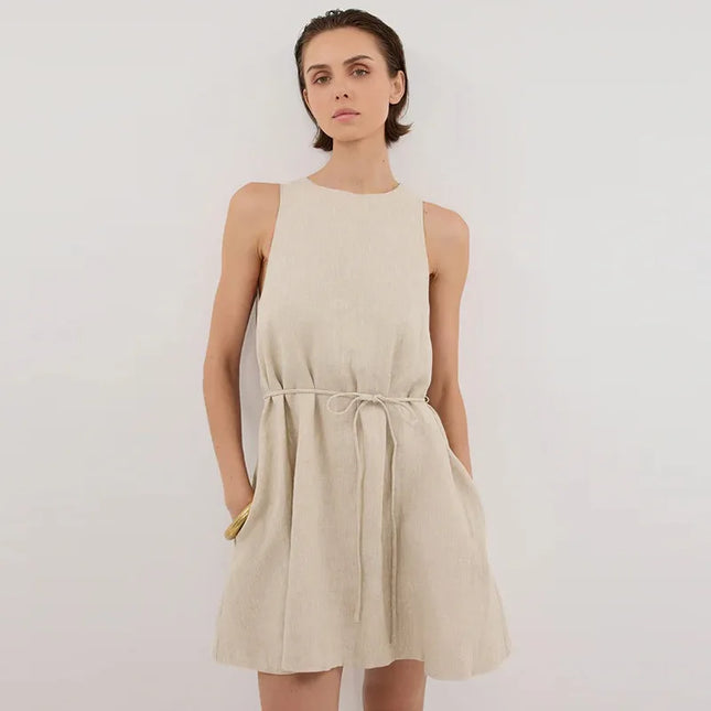 100% Linen Lace-up Elegant Women's Short Dresses New Summer Sleeveless Loose Beach Vacation A-line Mini Dress Boho Dresses