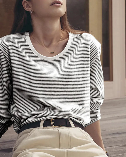 Women's Korean Loose Striped Long-Sleeved T-Shirt Autumn New Casual Tops Female Clothes Round-Neck Pullover Shirts