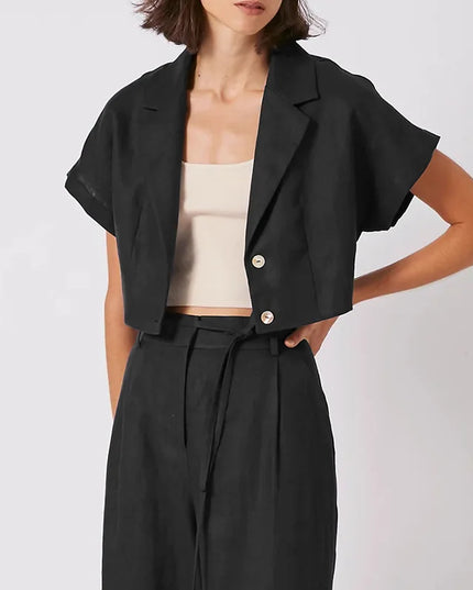 100% Linen Women'S Shirt Vintage Notched Collar Short Sleeve Button Up Shirts Elegant Fashion Woman Blouses 2025 Blusas Feminina