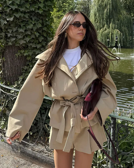 Chic Summer Set: Elegant Turn-Down Collar Jacket & Shorts