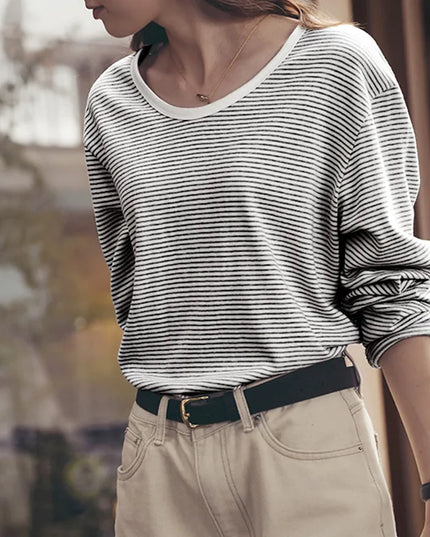 Women's Korean Loose Striped Long-Sleeved T-Shirt Autumn New Casual Tops Female Clothes Round-Neck Pullover Shirts