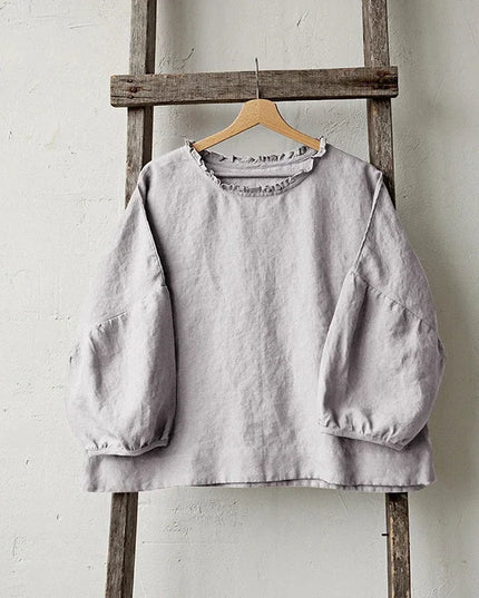Retro Linen Women T-Shirt Casual Loose O-Neck Ruffles Long Sleeve Tees Spring Autumn Basic Tops Shirts Mujer Camisetas