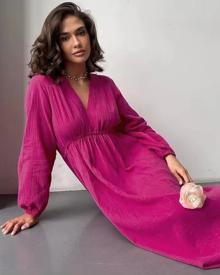 Elegant Sexy V-Neck Double-Layer Crepe Women's Dress 2024 Autumn New 100% Cotton Loose Long-Sleeved Ruched Party Dresses