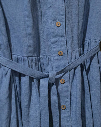 Retro Cotton Linen Women Dress Elegant V-Neck Short Sleeve Button Up Solid Streetwear Long Maxi Party Dress With Pocket And Belt