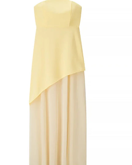 Elegant Women's Strapless Ribbon Long Dress Vintage Mesh Patchwork Corset Maxi Dresses Summer Evening Wedding Guest White Yellow