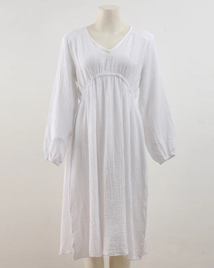 Elegant Sexy V-Neck Double-Layer Crepe Women's Dress 2024 Autumn New 100% Cotton Loose Long-Sleeved Ruched Party Dresses
