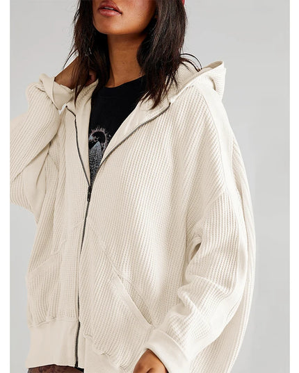 Oversize Sweatshirt Waffle Casual Zipper Up Hoodie Long Sleeve Streetwear Harajuku Pullovers Aesthetic Clothing Female
