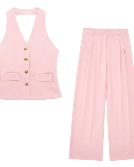 Chic Office Suit - Elegant Halter Vest & Trousers