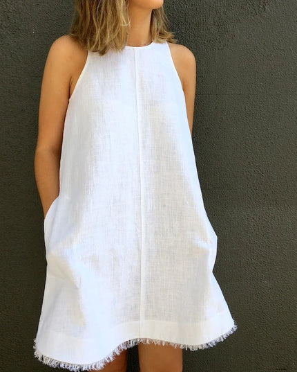 100% Linen Tassel Raw Edge Sleeveless White Dress Women's 2025 Summer Loose Casual Back Split Button A-Line Short Dresses