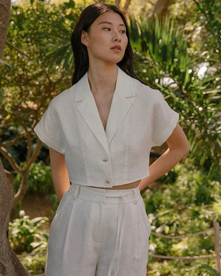 100% Linen Women'S Shirt Vintage Notched Collar Short Sleeve Button Up Shirts Elegant Fashion Woman Blouses 2025 Blusas Feminina