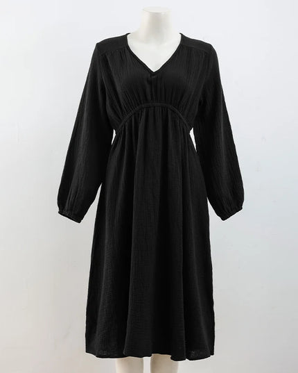 Elegant Sexy V-Neck Double-Layer Crepe Women's Dress 2024 Autumn New 100% Cotton Loose Long-Sleeved Ruched Party Dresses