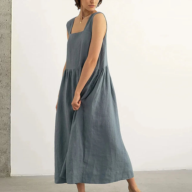 Summer Vintage Square Collar Sleeveless Maxi Dress Women's Cotton Linen French Style Long Birthday Dresses vestidos de mujer