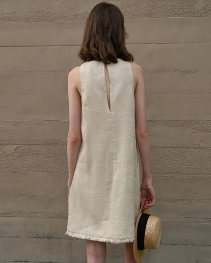 100% Linen Tassel Raw Edge Sleeveless White Dress Women's 2025 Summer Loose Casual Back Split Button A-Line Short Dresses