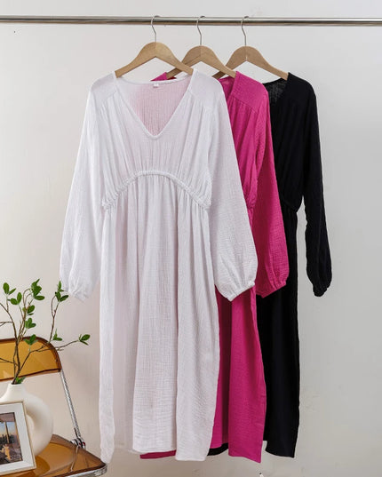 Elegant Sexy V-Neck Double-Layer Crepe Women's Dress 2024 Autumn New 100% Cotton Loose Long-Sleeved Ruched Party Dresses
