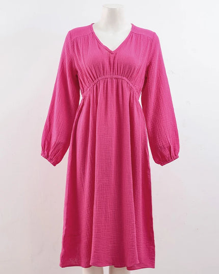 Elegant Sexy V-Neck Double-Layer Crepe Women's Dress 2024 Autumn New 100% Cotton Loose Long-Sleeved Ruched Party Dresses