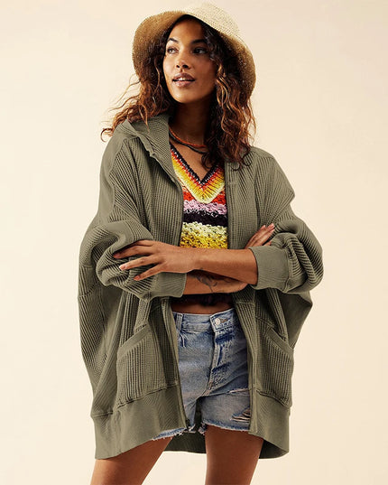 Oversize Sweatshirt Waffle Casual Zipper Up Hoodie Long Sleeve Streetwear Harajuku Pullovers Aesthetic Clothing Female