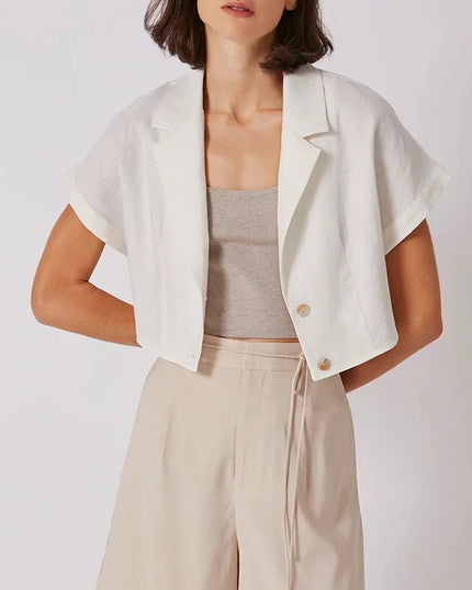 100% Linen Women'S Shirt Vintage Notched Collar Short Sleeve Button Up Shirts Elegant Fashion Woman Blouses 2025 Blusas Feminina