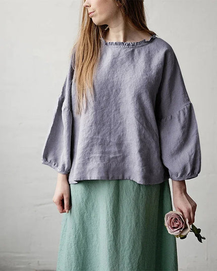 Retro Linen Women T-Shirt Casual Loose O-Neck Ruffles Long Sleeve Tees Spring Autumn Basic Tops Shirts Mujer Camisetas