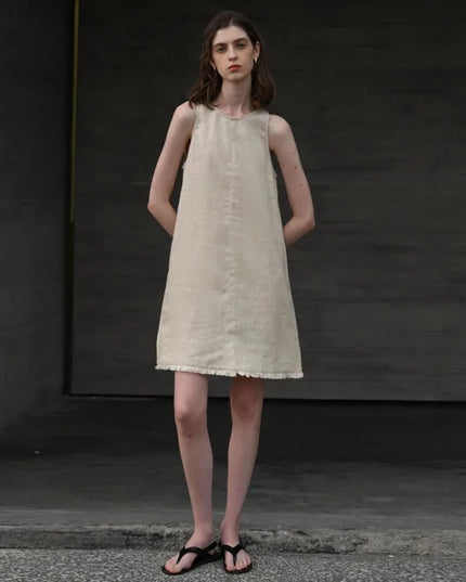 100% Linen Tassel Raw Edge Sleeveless White Dress Women's 2025 Summer Loose Casual Back Split Button A-Line Short Dresses