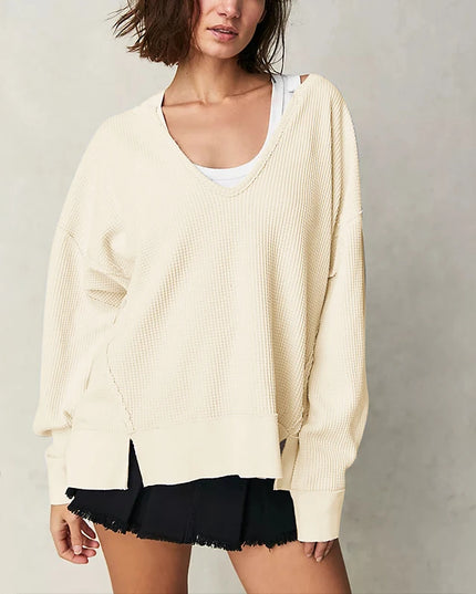 Chic Elegant Knitted Women Sweatshirts Cotton Waffle Sexy V-Neck Open Side Female Hooded Pullovers Streetwear Oversized Hoodies