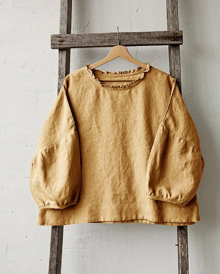Retro Linen Women T-Shirt Casual Loose O-Neck Ruffles Long Sleeve Tees Spring Autumn Basic Tops Shirts Mujer Camisetas