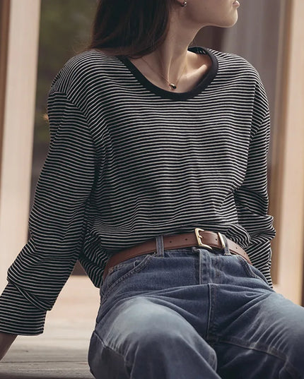 Women's Korean Loose Striped Long-Sleeved T-Shirt Autumn New Casual Tops Female Clothes Round-Neck Pullover Shirts
