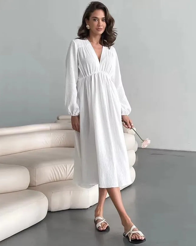 Elegant Sexy V-Neck Double-Layer Crepe Women's Dress 2024 Autumn New 100% Cotton Loose Long-Sleeved Ruched Party Dresses
