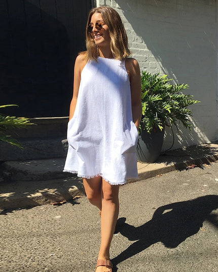 100% Linen Tassel Raw Edge Sleeveless White Dress Women's 2025 Summer Loose Casual Back Split Button A-Line Short Dresses