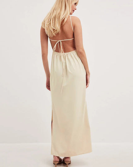 Women's Sexy Backless Cotton Linen Straps Dress Chic Tie Split Casual Vacation Beach Party Long Summer Dresses vestidos largos