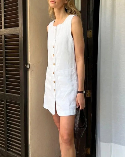 100% Linen Summer Women Dress 2025 New French Square Neck Single-Breasted White Dress Casual Vacation Short Dresses Vestidos