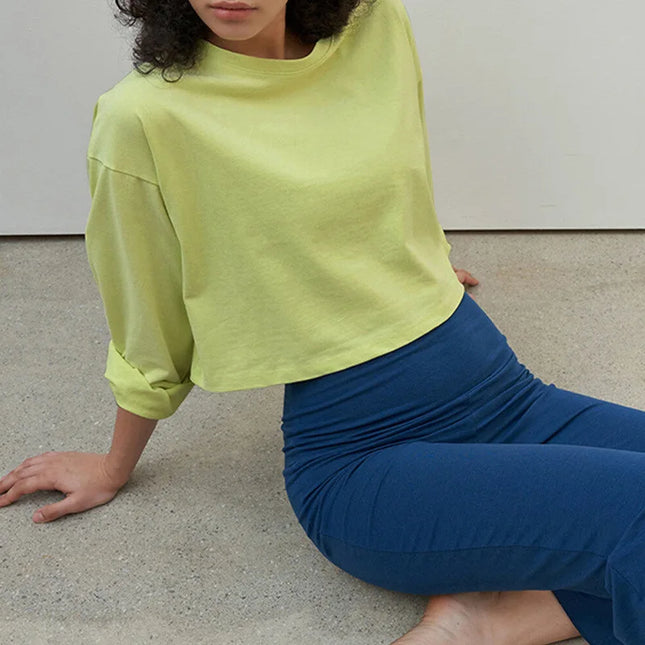 100% Cotton Casual Sports Long-Sleeved T-Shirt Women's Solid Color New Spring Summer Loose Gym Running Short Tops